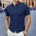 Detail of navy blue slim fit short sleeve shirt with button-down collar and smooth fabric - S / Navy Blue
