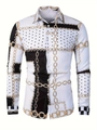 Detail view of fashion men's long sleeve shirt with gold chain pattern and black white dots - S / Top (ACS02) / White