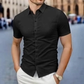 Detail shot of men's slim fit short sleeve shirt with classic collar and matching buttons - S / Black