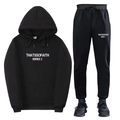 Two-piece black hooded tracksuit with white slogan print for casual winter wear - XS / Top And Bottom / Black