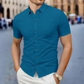 Detailed view of lake blue short-sleeved shirt with brown buttons and lapel collar design - S / Lake Blue