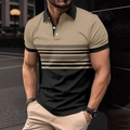 Detail of color block polo shirt showing khaki and black stitching with gradient stripes - S / Top (Khaki and Black Splicing Striped (DPL12)) / Khaki