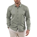Detail of sage green long sleeve men's slim fit casual shirt with navy buttons - S / Tops / Army Green