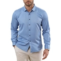 Detail of light blue men's casual long sleeve shirt with classic collar and black buttons - S / Tops / Blue