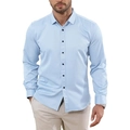 Detail of light blue men's long sleeve shirt with pointed collar and dark buttons - S / Tops / Sky Blue