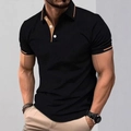 Detail of contrast stripe collar and white buttons on black short sleeve polo shirt - S / Top (DPL13) / Black