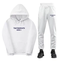 White tracksuit set with blue THATSSOFAITH prints featuring a hooded sweatshirt and joggers - XS / Top And Bottom / White