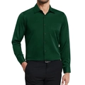Detail of dark green men's long sleeve shirt showing buttoned chest pocket and silky fabric - S / Tops / Green