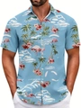 Close-up of tropical print detail with flamingos and palm trees on men's beach shirt - S / Light Blue Flamingo (BDS72)
