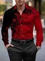 Detail of men's long-sleeve shirt with red and black baroque scroll pattern and pearl buttons - S / Top (ACS03) / Red