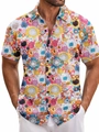 Detail shot of vibrant sunflower print and front pocket on men's short sleeve beach shirt - S / Tops / Colorful Sunflower (BDS73)