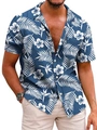 Detail of tropical palm leaf print on breathable navy short sleeve Hawaiian shirt - S / Tops / Dark Blue White Leaf (BDS74)
