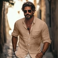 Camisa elástica beige para hombre con bolsillo en el pecho y botones blancos estilo casual - S / Caqui