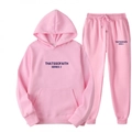Pink fleece tracksuit set featuring hoodie with blue THATSSOFAITH lettering and joggers - XS / Top And Bottom / 04 Pink