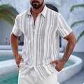 Men's summer casual slim fit short sleeve shirt with vertical grey and white stripes - S / Grey Striped