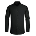 Detail of mandarin collar and chest pocket on men's black long sleeve casual shirt - S / Tops / Black