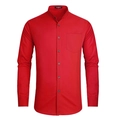 Detail view of red long-sleeved shirt featuring mandarin collar and chest pocket - S / Tops / Red
