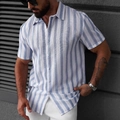 Men's slim fit short sleeve shirt with blue and white vertical stripes for summer beach wear - S / Blue Vertical Stripe