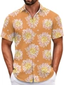 Detail of vibrant orange Hawaiian shirt featuring white and pink sunflower prints - S / Tops / Bright Orange Sunflower (BDS78)