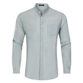 Detailed view of mandarin collar and chest pocket on light gray long sleeve shirt - S / Tops / Gray