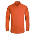 Detail view of the mandarin collar and chest pocket on a burnt orange long sleeve shirt - S / Tops / Orange