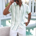 Close-up of breathable green and white striped cotton linen short sleeve shirt texture - S / Green Vertical Stripes