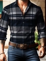 Detail of slim-fit navy plaid shirt with button-down collar and classic checked pattern - S / Top - Dark Blue Scottish Plaid (ACS28) / Navy Blue