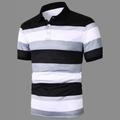 Detail of men's polo shirt with black, grey, and white stripes and three-button placket - S / Tops / Black