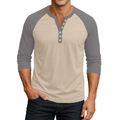 Détails des manches raglan bicolores et de la patte de boutonnage du polo Henley pour hommes - S / Khaki et Gris (Contraste)
