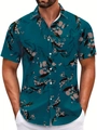 Detail of tropical floral print on a men's short-sleeved Hawaiian beach shirt - S / Tops / Dark Teal Floral (BDS80)