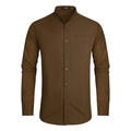 Close-up of standing collar and chest pocket on a brown long sleeve casual shirt - S / Tops / Coffee