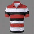 Detail of red and black striped polo shirt showing three white buttons and collar - S / Top (DPL15) / Red