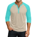 Détail du polo à manches longues raglan pour homme avec design bicolore et col boutonné - S / Khaki et Bleu Ciel (Contraste)