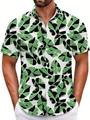 Detail of tropical leaf print and white button closure on men's short sleeve beach shirt - S / Tops / Black Green Large Leaf (BDS81)