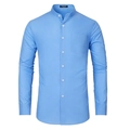 Detailed view of light blue shirt with mandarin collar, white buttons and chest pocket - S / Tops / Blue