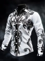 Close-up of white slim-fit shirt with bold black baroque floral print and white buttons - S / Top (ACS04) / White