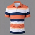 Detailed view of casual men's polo shirt with orange and navy striped pattern and classic collar - S / Top (DPL15) / Orange