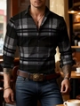 Detail of slim fit men's long sleeve shirt featuring a classic black and white tartan pattern - S / Top - Black Scottish Plaid (ACS28) / Black