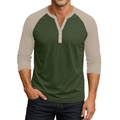 Détail des manches raglan contrastées et de la patte de boutonnage sur le t-shirt Henley - S / Vert Olive et Beige (Contraste)