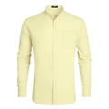 Detail of light yellow mandarin collar shirt showing high-quality fabric and breast pocket - S / Mandarin Collar Single Pocket Top (ACS52) / Light Yellow