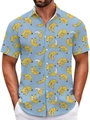 Close-up of tropical yellow banana print on a light blue short sleeve summer beach shirt - S / Tops / Light Blue Banana (BDS83)