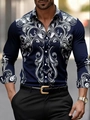 Detail of men's navy blue long sleeve shirt with white Baroque floral prints - S / Top (ACS04) / Navy Blue