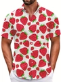 Close-up of men's white Hawaiian shirt featuring red strawberry print and chest pocket - S / Tops / White Strawberry Print (BDS84)