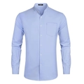 Detail of light blue band collar shirt featuring a functional chest pocket and white buttons - S / Tops / Light Purple