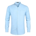 Detailed flat lay of light blue men's casual shirt featuring a sleek mandarin collar design - S / Tops / Sky Blue