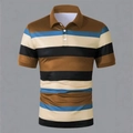 Close-up of the striped knit fabric texture and classic polo collar with white buttons - S / Tops / Brown Color Block Striped (DPL15)