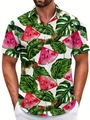 Detail of tropical watermelon and green leaf print on men's white beach shirt fabric - S / Tops / White Watermelon Print (BDS86)