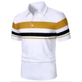 Detail of men's polo shirt showing yellow and black stripes on white soft fabric - S / Tops / Yellow Black Color Block Striped (DPL16)