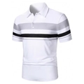 Detailed view of the gray and black striped chest pattern on this men's white polo shirt - S / Tops / Gray Black Color Block Striped (DPL16)