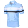 Detailed view of light blue polo shirt featuring black and white horizontal chest stripes - S / Top - Light Blue Color Block Striped (DPL16) / Sky Blue